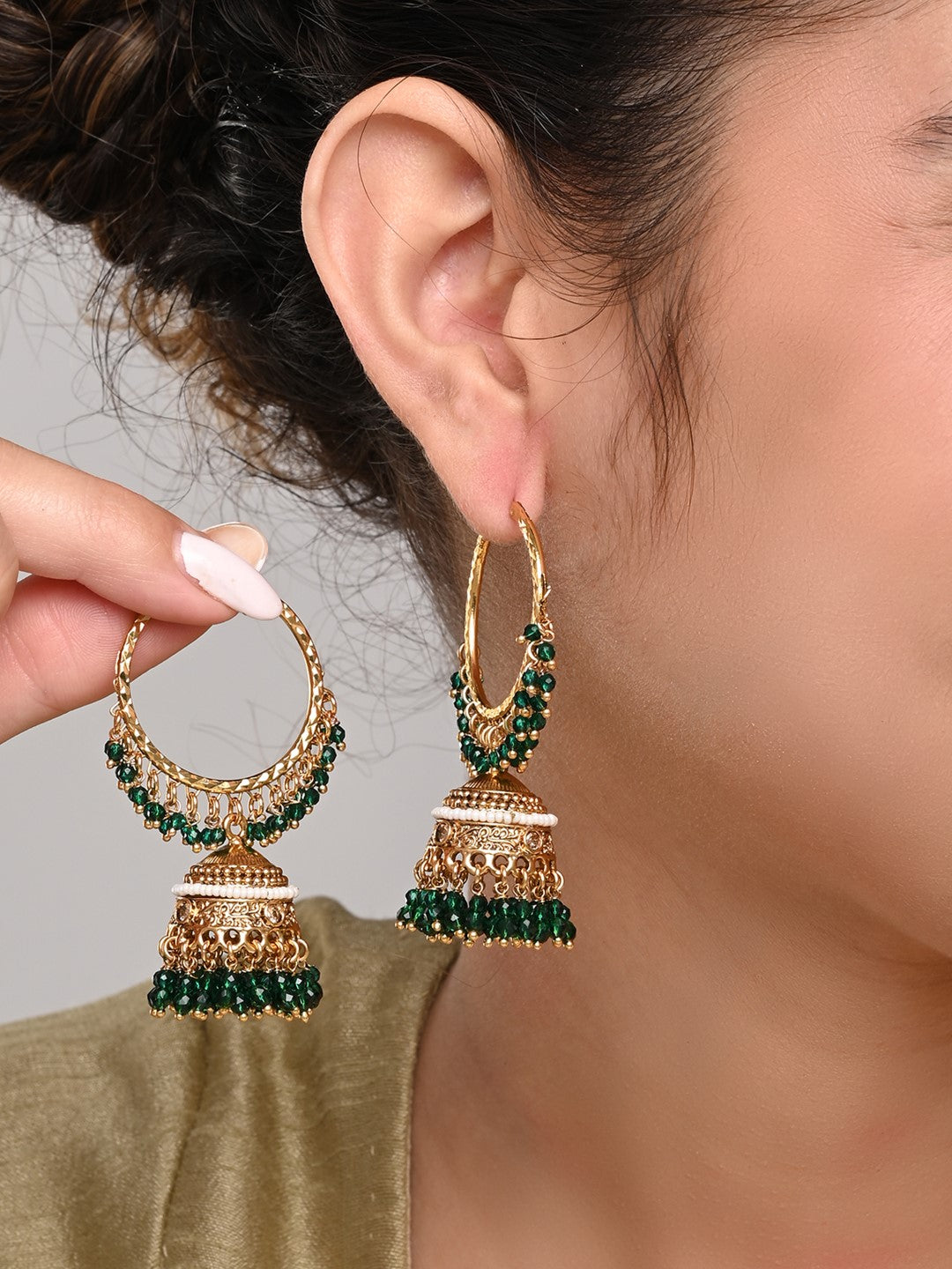 Ethnic hoops with Jhumka drop Green