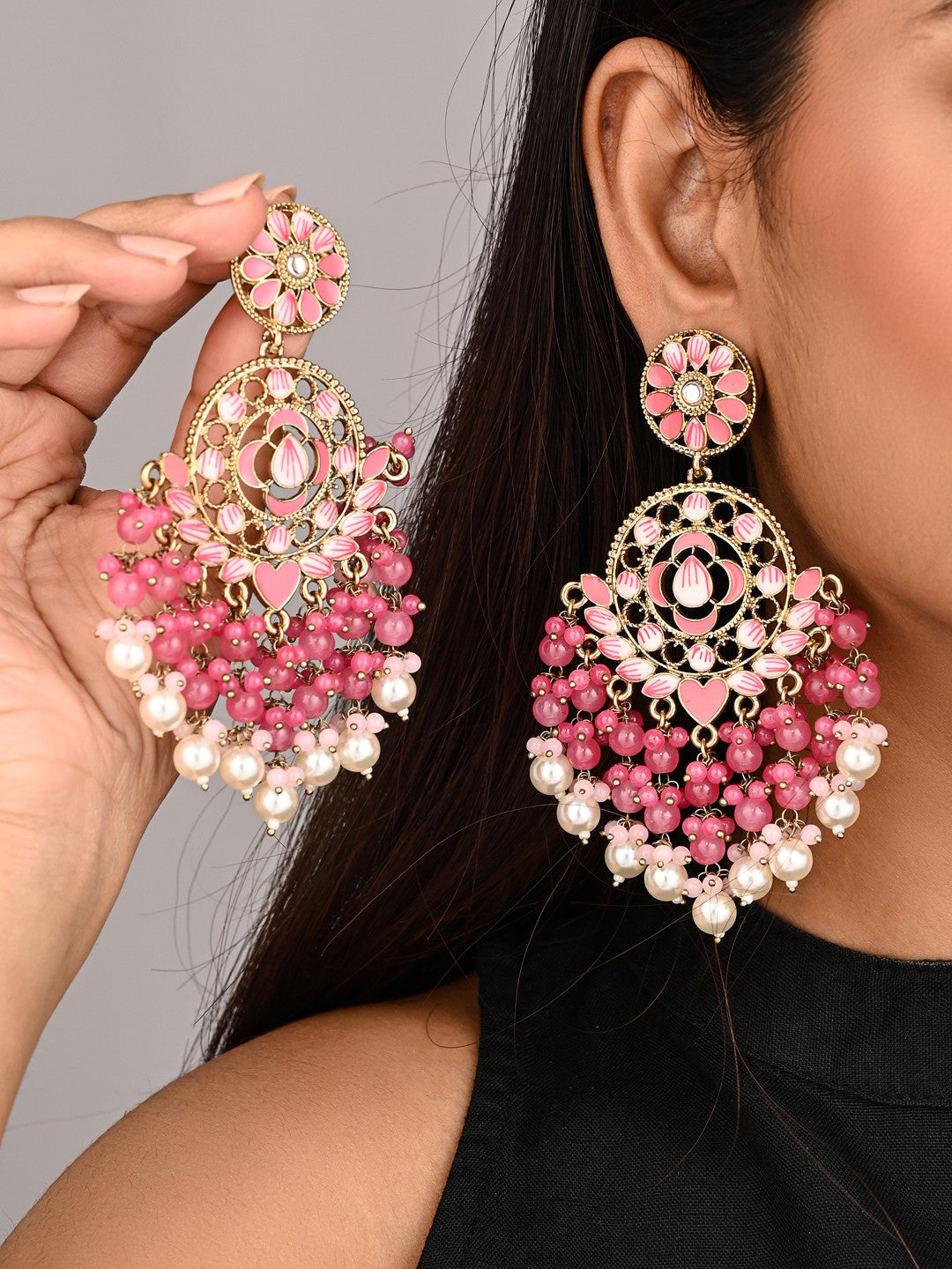 Vibrant Pink Chandelier Pearl Drop Earring