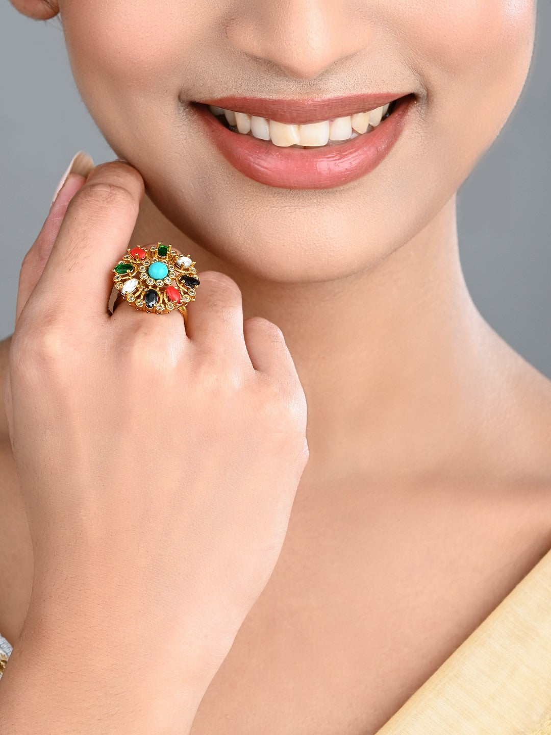 Multicolor Floral Statement Ring – Gold Finish Adjustable Cocktail Ring