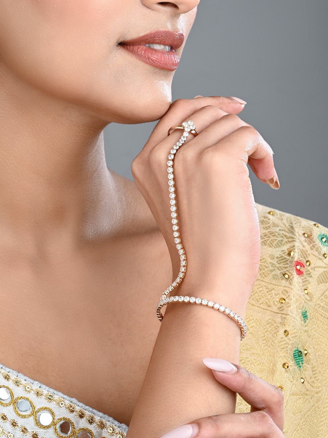 Elegant Gold-Tone CZ Tennis Bangle Bracelet with Ring