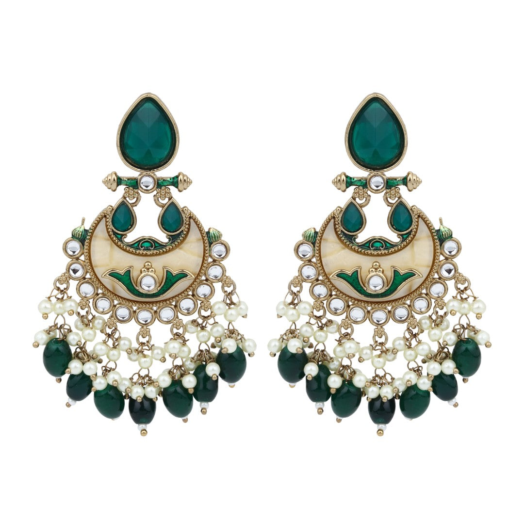 Gold-Plated Meenakari Chandbali Earrings with Kundan & Pearl Drops - Green