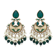 Gold-Plated Meenakari Stud Earrings with Kundan & Pearl Cluster drops - green