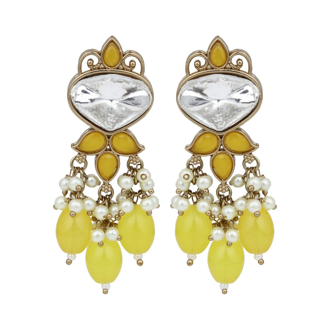 Gold plated Kundan & Pearl drop Earrings- Yellow