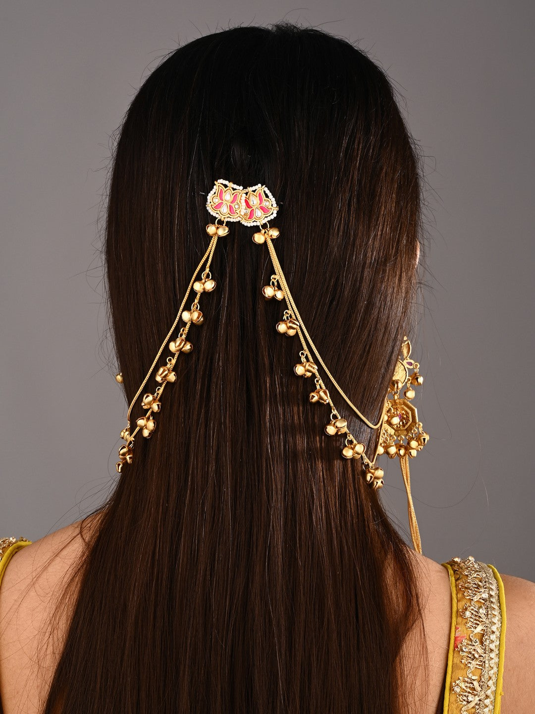 Gold-Tone Kundan Red Stone Kashmiri Long Chain Earrings