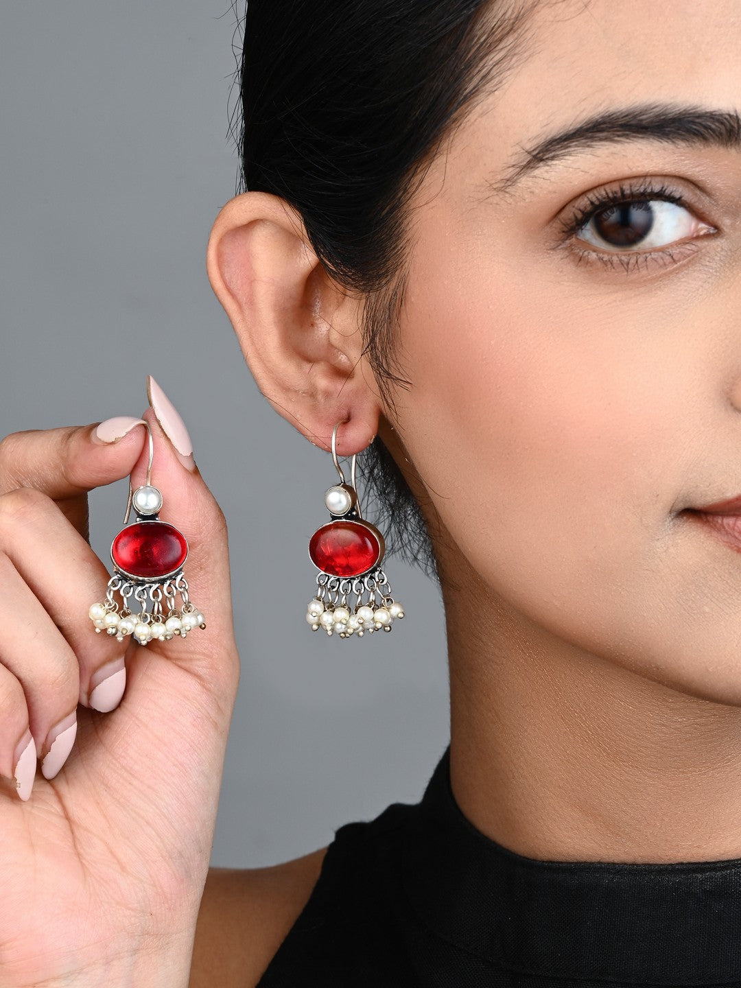 Red Blue Stone Pearl Fringe Drop Earrings