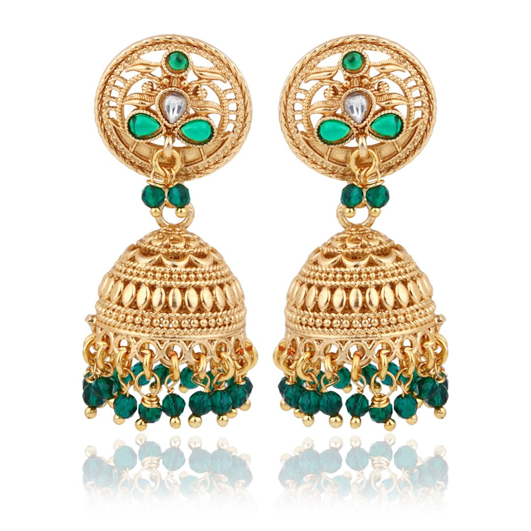 Green Stone Gold-Toned Jhumka Earrings
