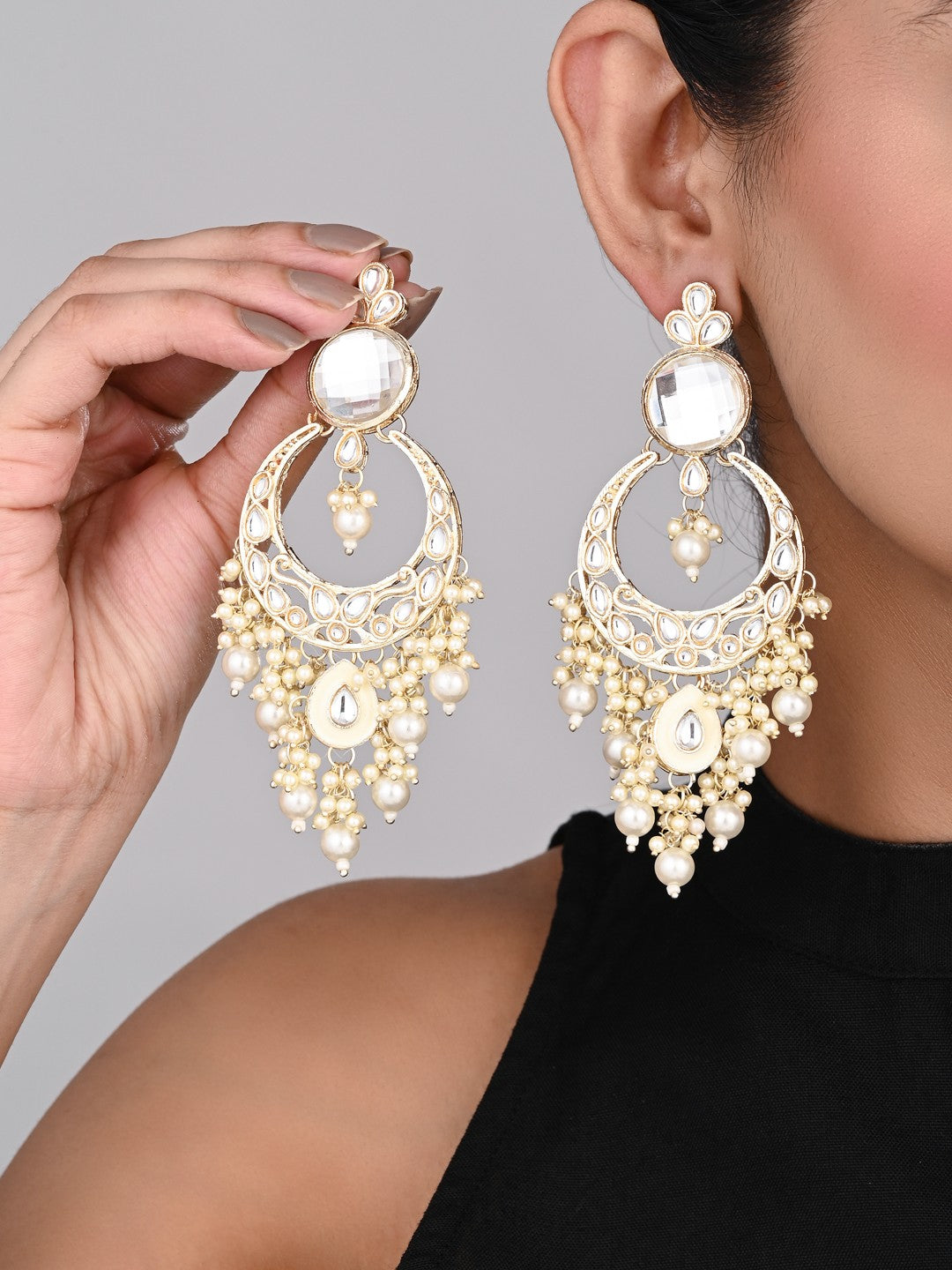 Kundan Pearl Chandbali Earrings Gold