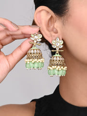 Gold plated Kundan & Meenakari Jhumka Earrings - sage green