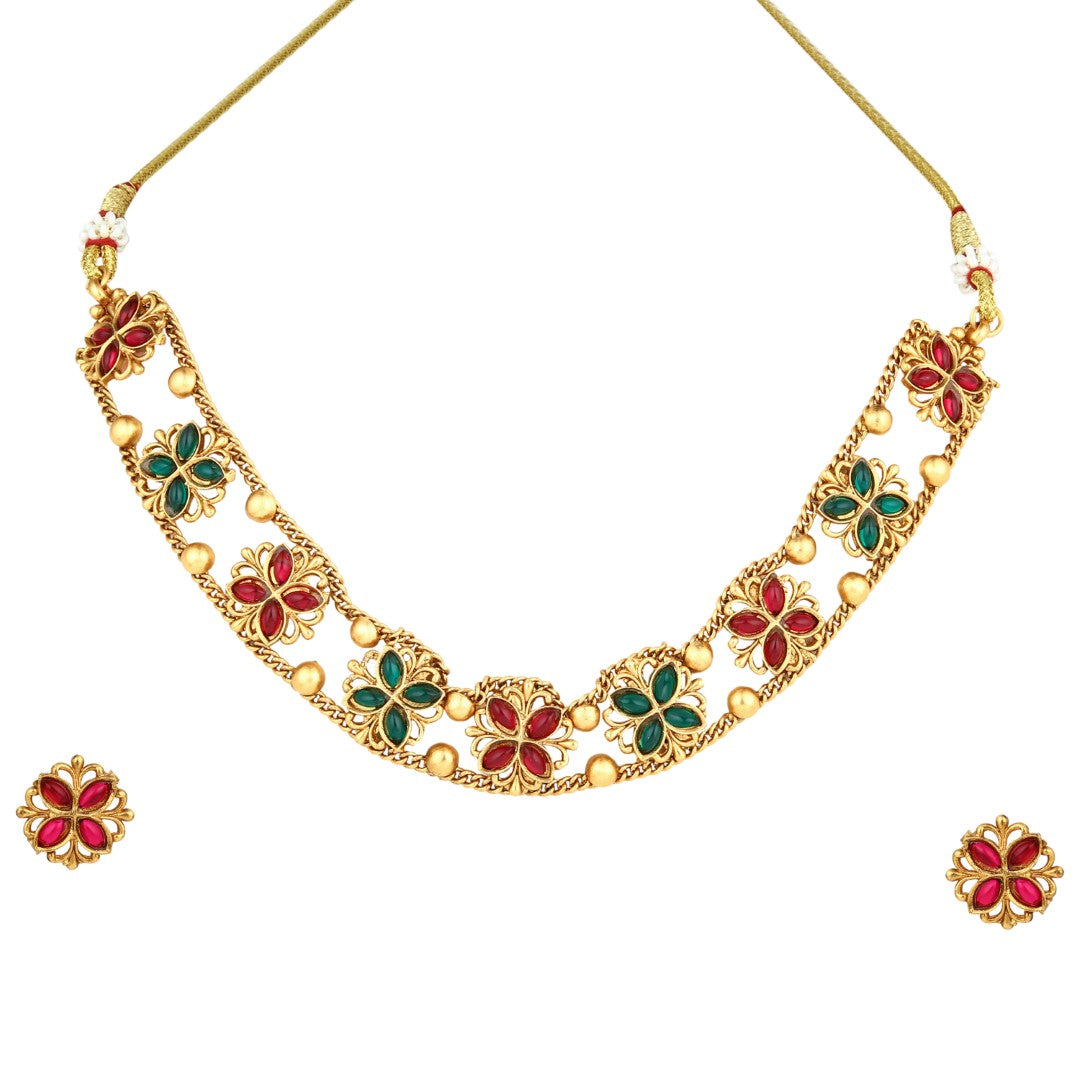 Gold plated floral Necklace set - Multi