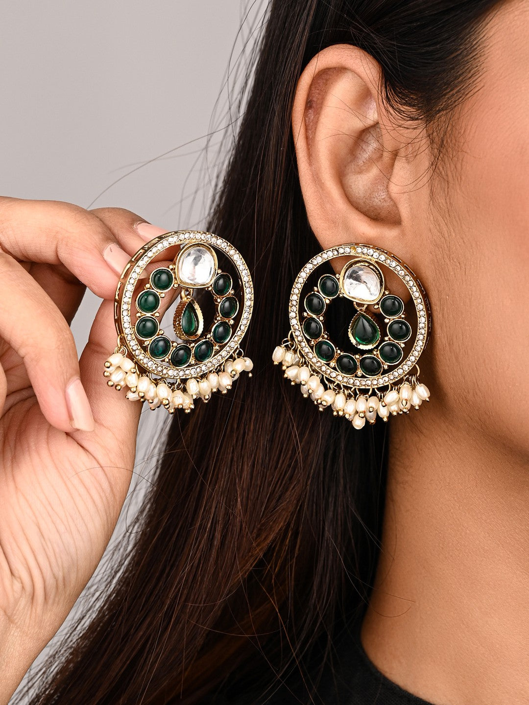 Regal Kundan Pearl Chandbali Earrings - Green