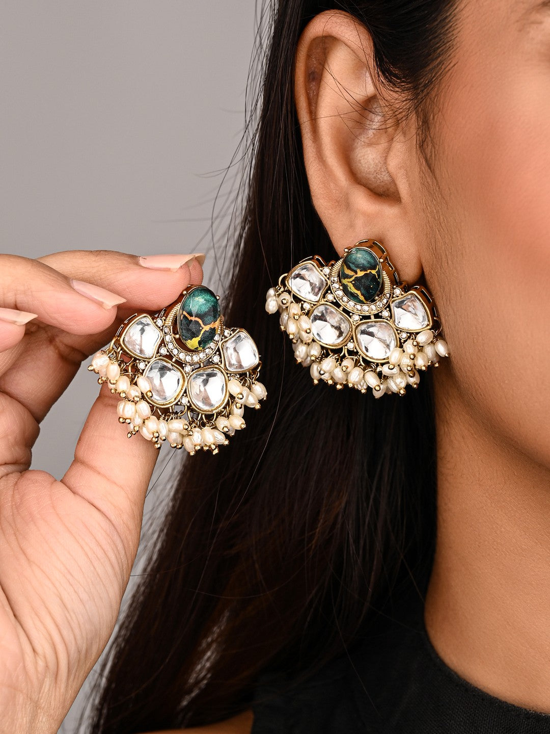 Gold-Plated Green Kundan Half Chandbali Earrings