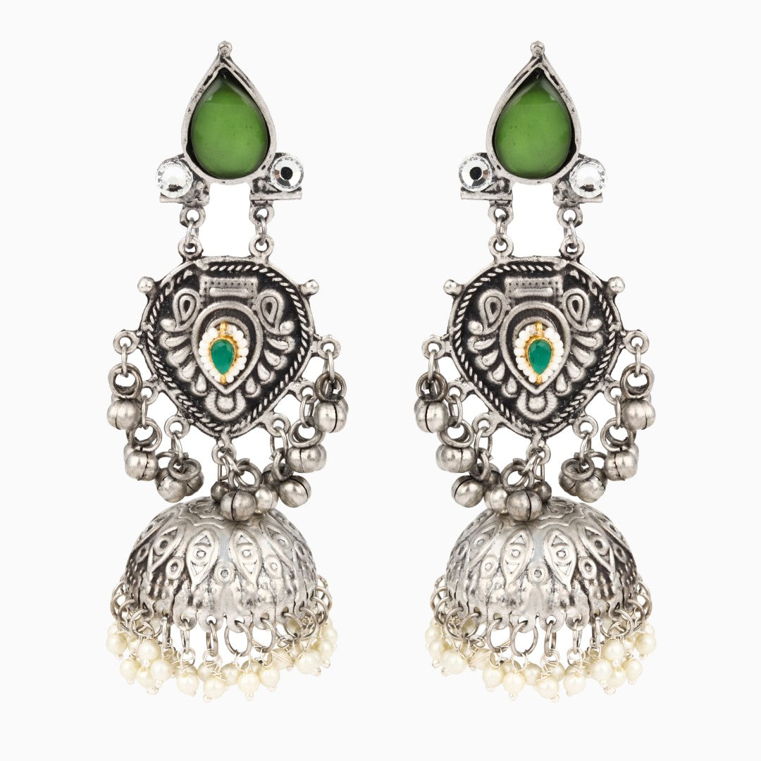 Silver oxydised lightweight long Jhumka Earring - Green