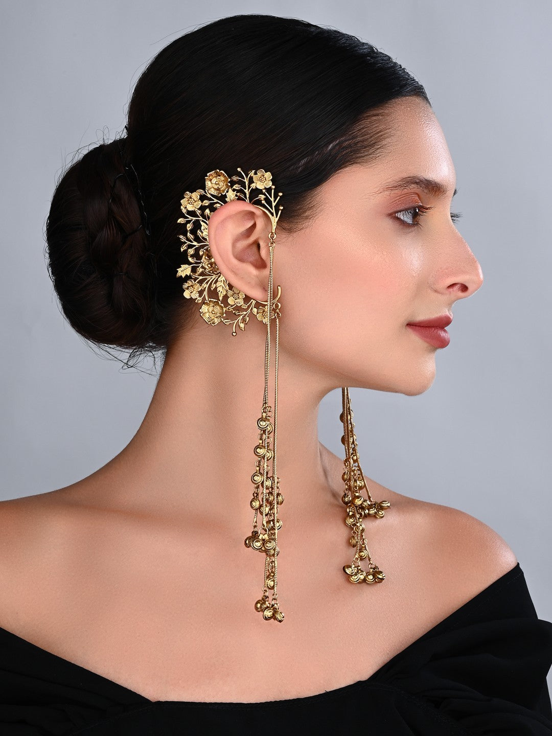 Aarika Gold Floral Ear Cuff Chain Earrings