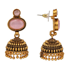 Pink stone top & Gold Jhumka Earring