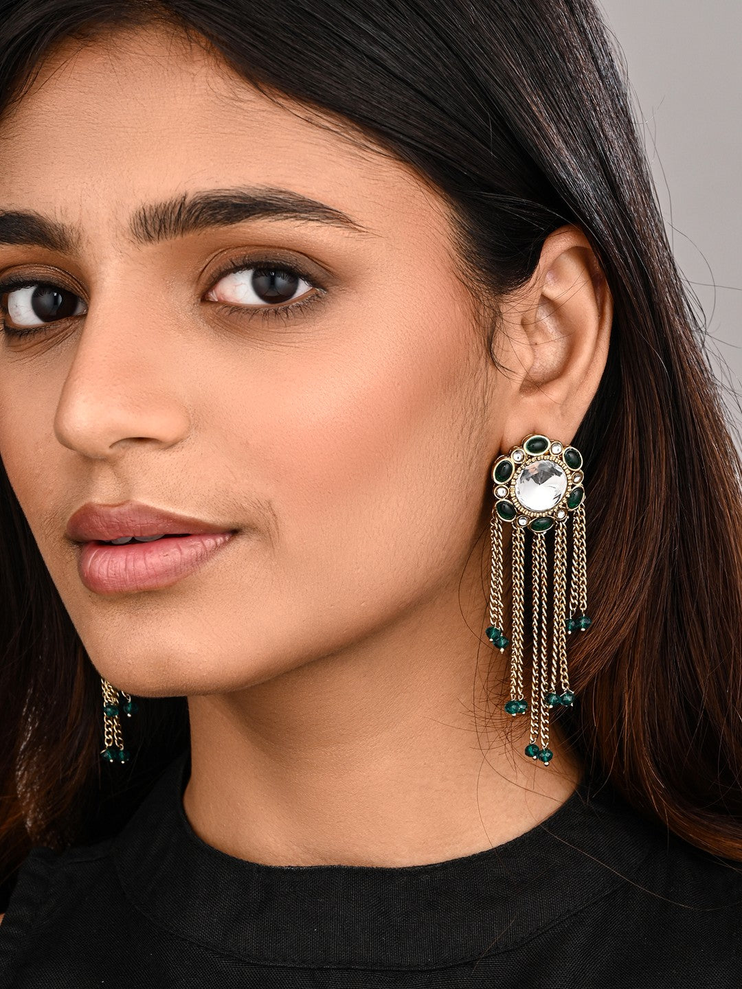 Kundan Tassel Drop Earrings - Green