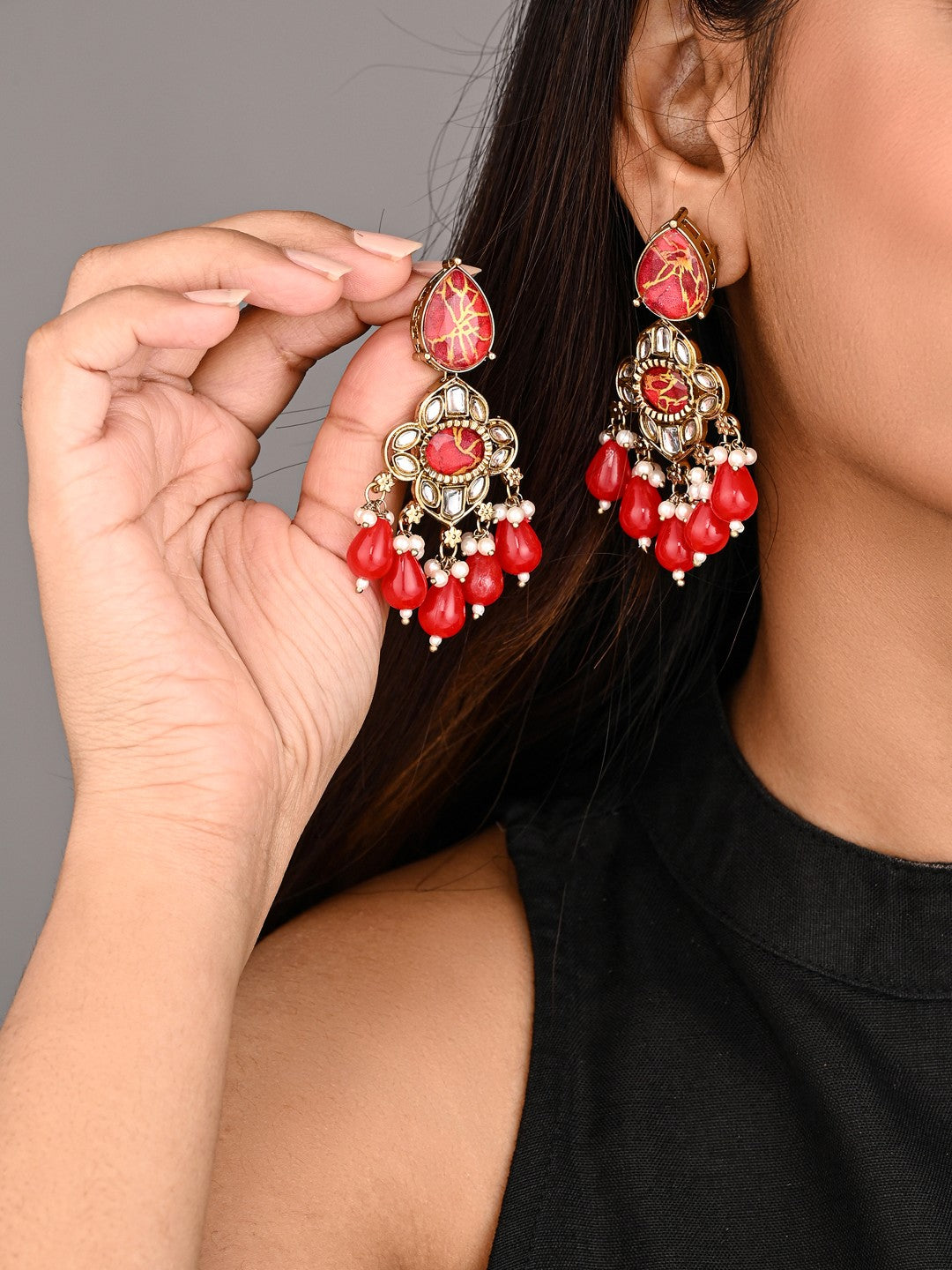 Gold-Plated Red Kundan Chandelier Earrings with Bead Drops