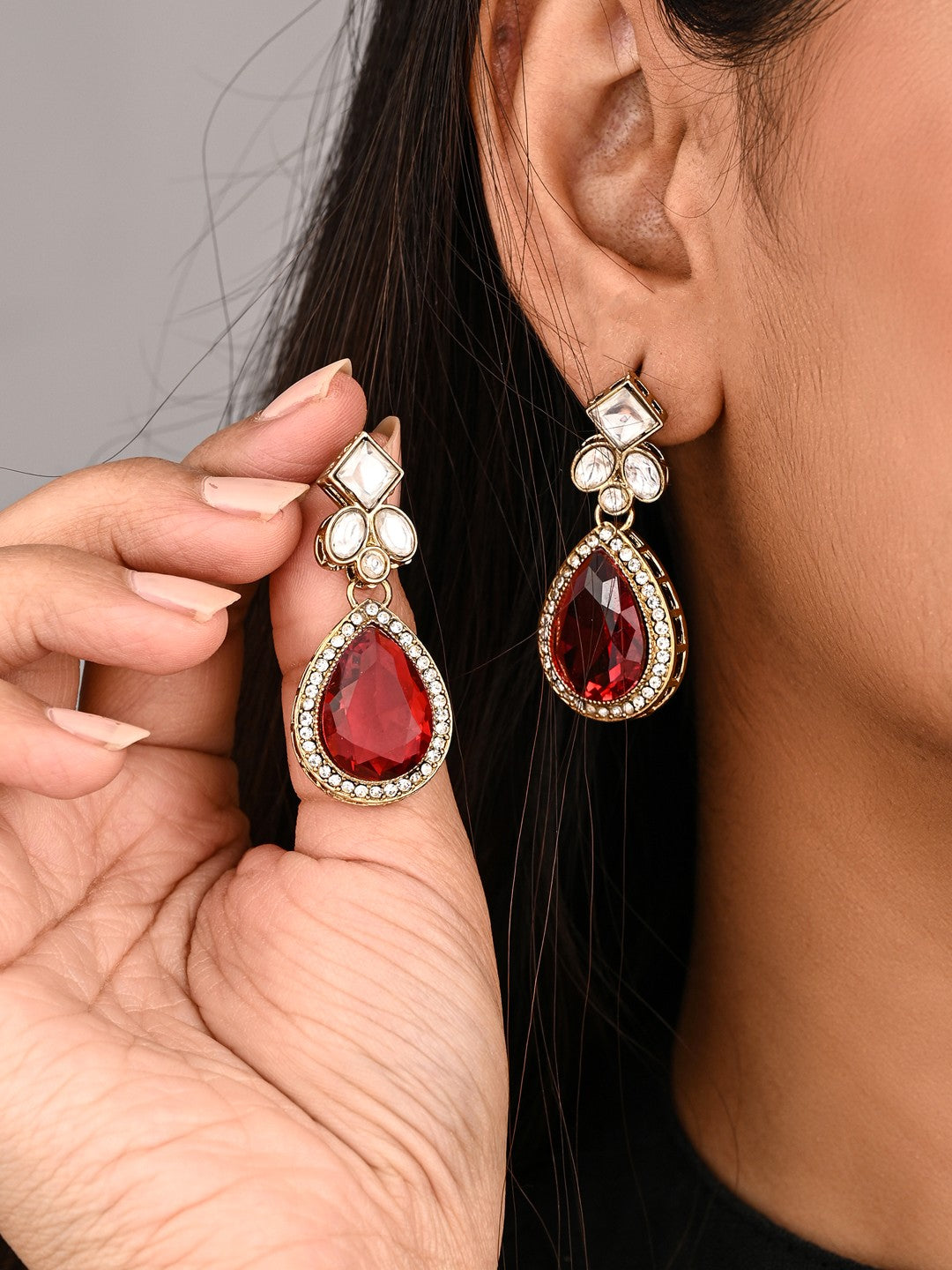 Gold-Toned Teardrop Kundan Crystal Drop Earrings for Women Pink