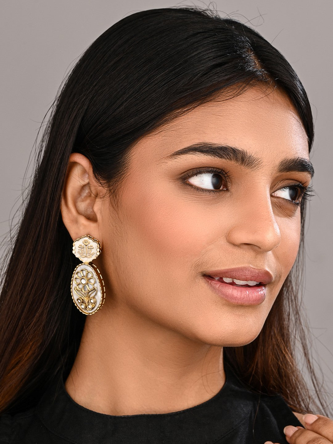 MOP Meenakari Floral Drop Earrings - White