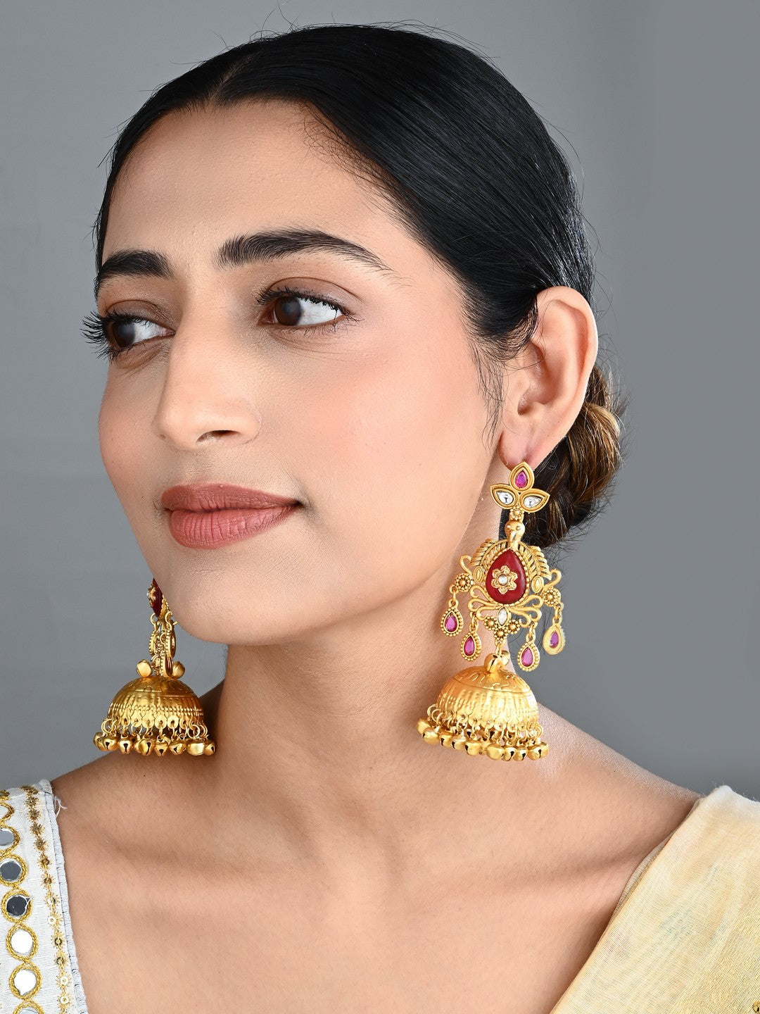 Ruby Red Temple Jhumka Earrings with Ghungroo Drops