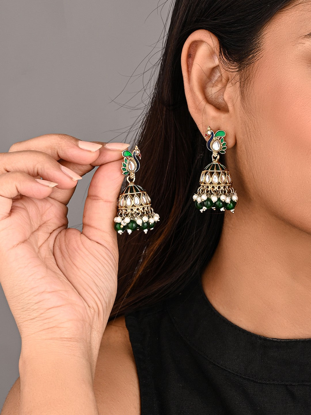 Peacock-inspired jhumka earrings- Green