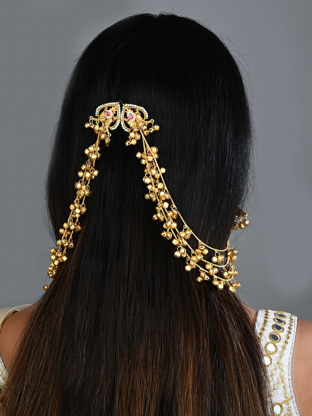 Gold plated Studs Earring with Ear chains Red
