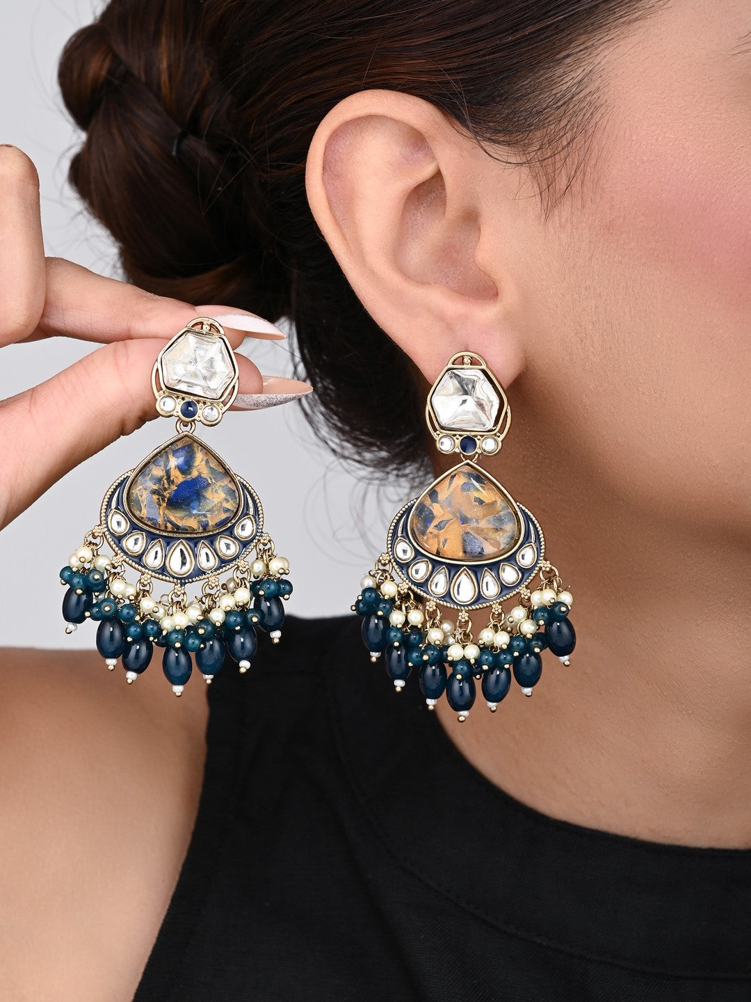 Gold plated two tone Drop Earring - Blue