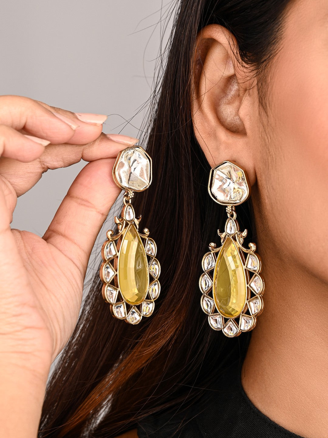 Gold-Plated Yellow Kundan Teardrop Earrings for Women