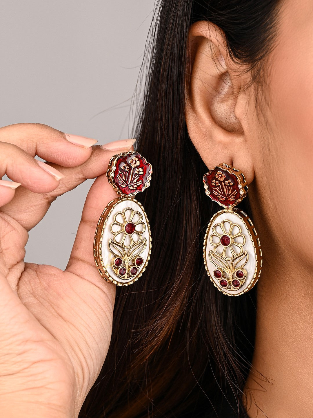 MOP Meenakari Floral Drop Earrings - Red