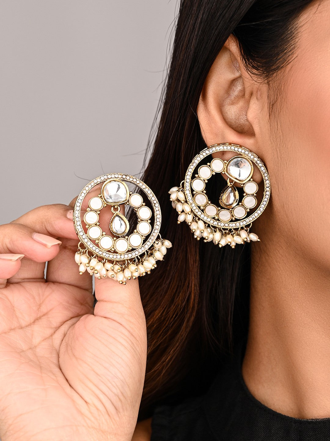 Regal Kundan Pearl Chandbali Earrings - White