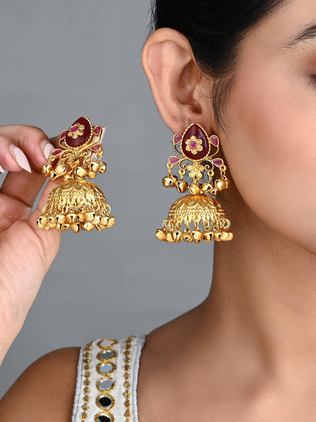 Ruby Temple Jhumka Earrings with Ghungroo Drops