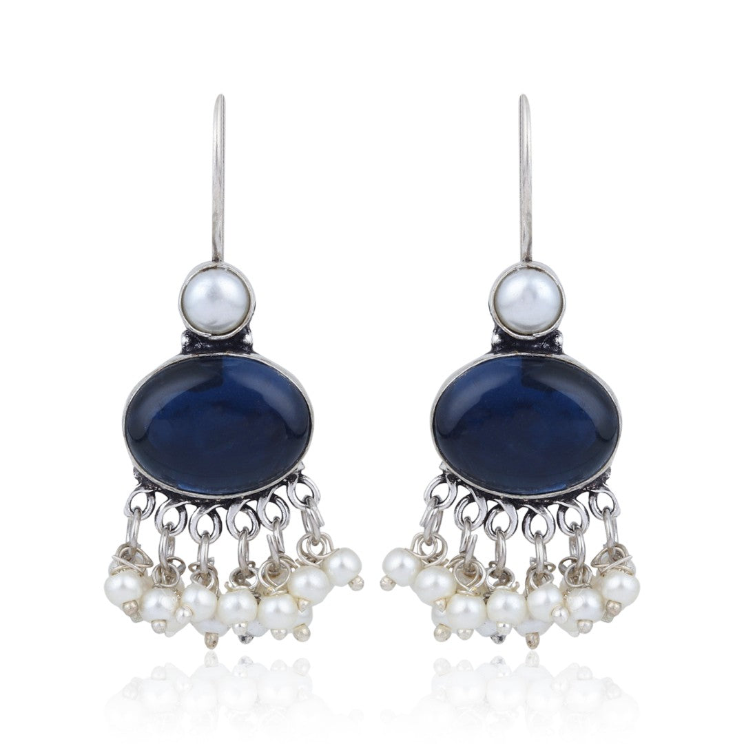 Navy Blue Stone Pearl Fringe Drop Earrings