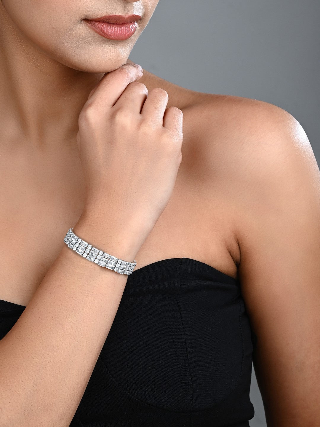 Elegant Silver-Tone CZ Tennis Bangle Bracelet 3 line