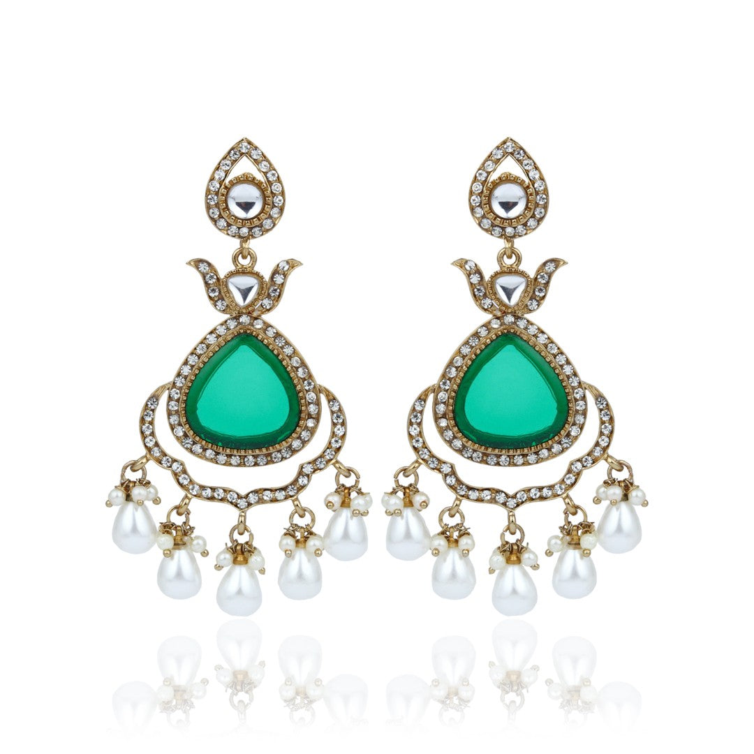 Myra Green Kundan Drop Earrings with Pearl Accents