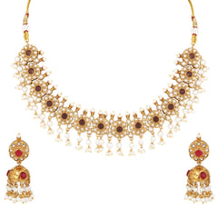 Gold-Plated Kemp Stone Necklace Set with Jhumka Earrings Red