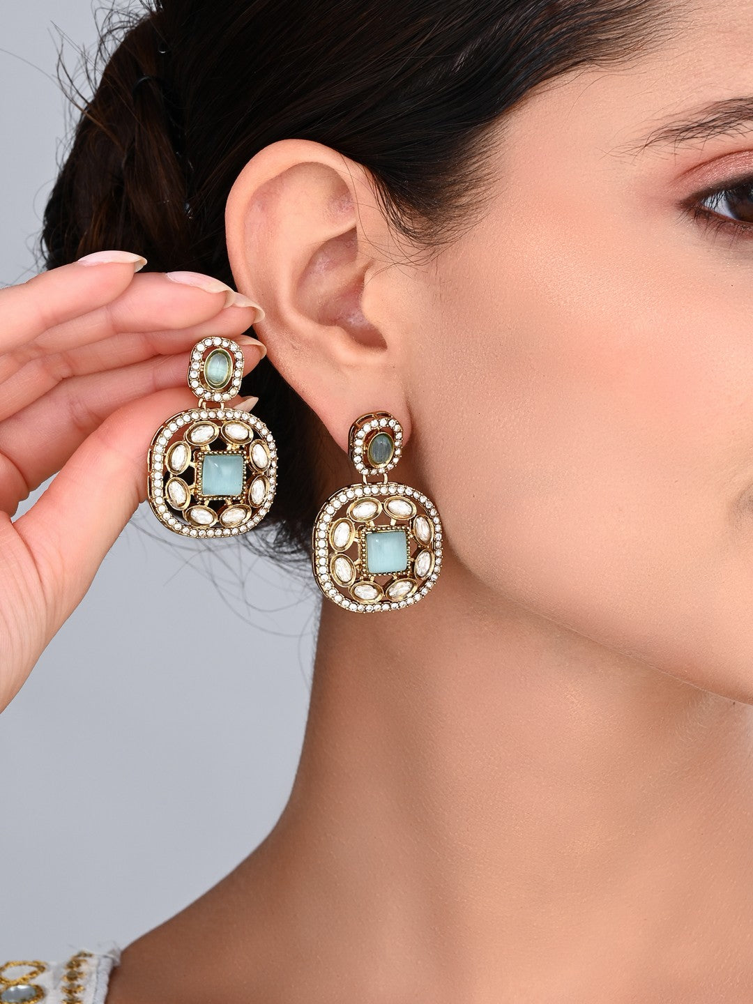 Kundan & Stone Embellished Statement Earrings Sage Green