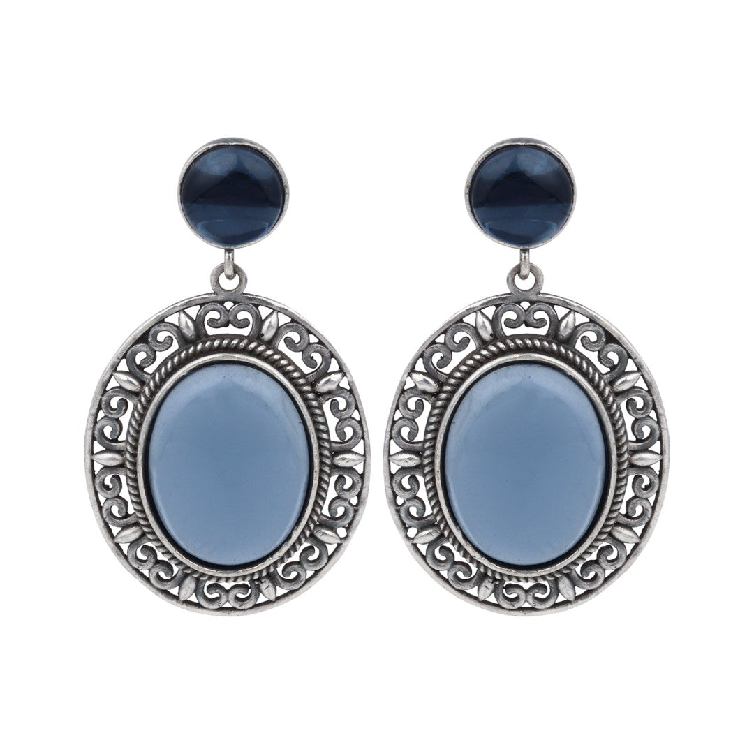 Oval Drop Earring in Silver frame with filigree