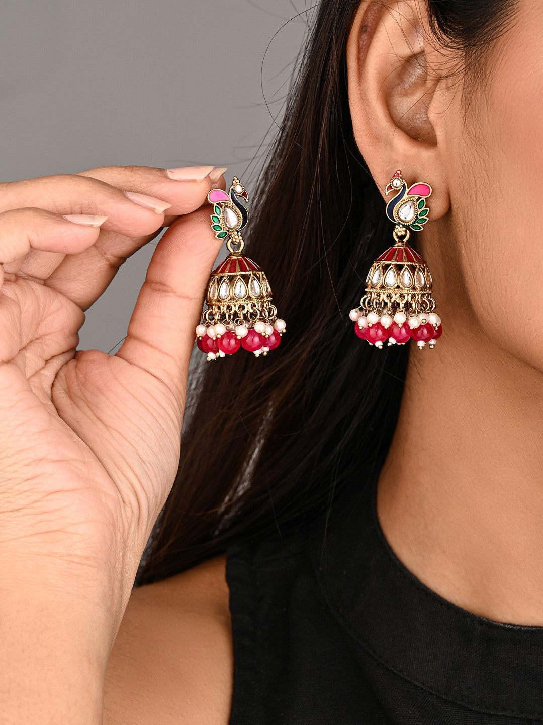 Peacock-inspired jhumka earrings- Pink