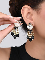 Gold plated Kundan & Pearl drop Earrings- Black