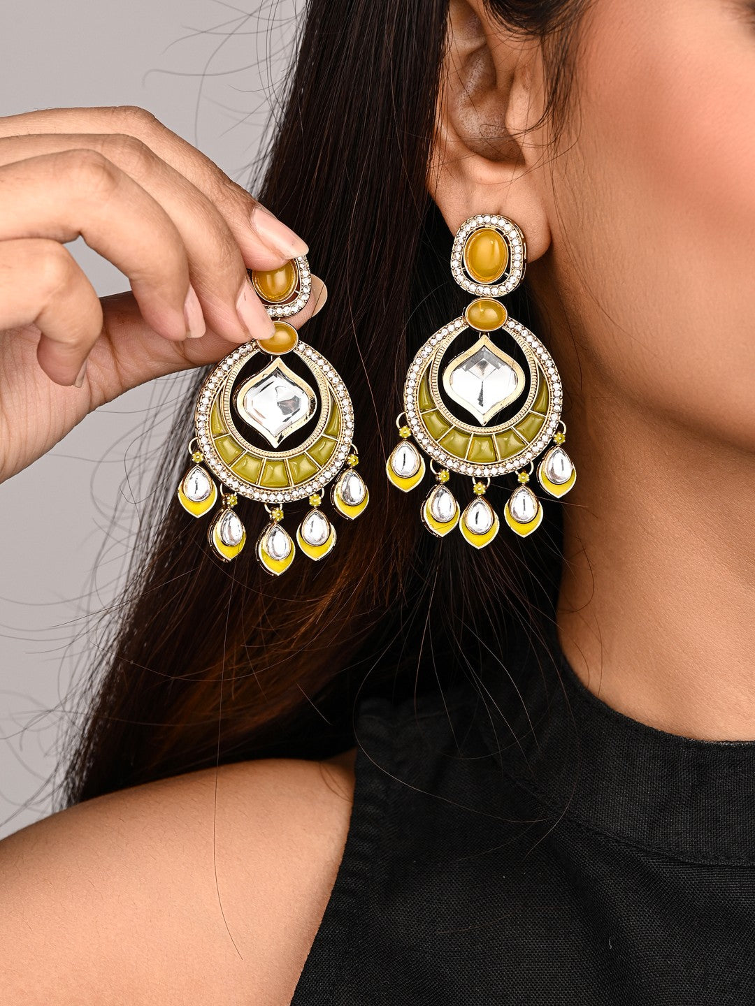 Kundan Chandbali Earrings with Teardrop Danglers- Yellow