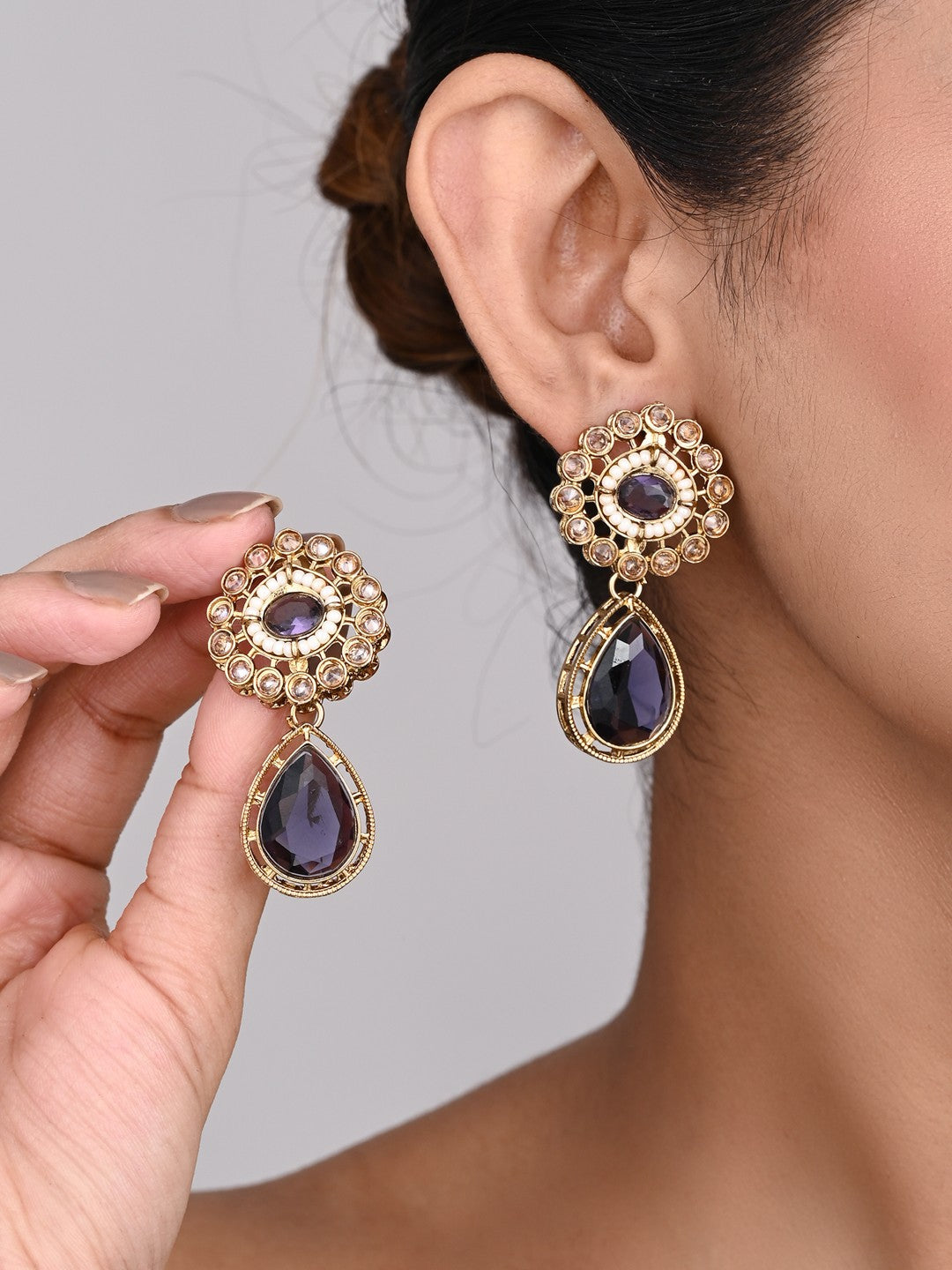 Gold plated Flower Stud with tear drop earring - Purple