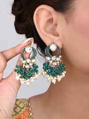 Gold-Plated Meenakari Stud Earrings with Kundan & Pearl Cluster drops - Teal