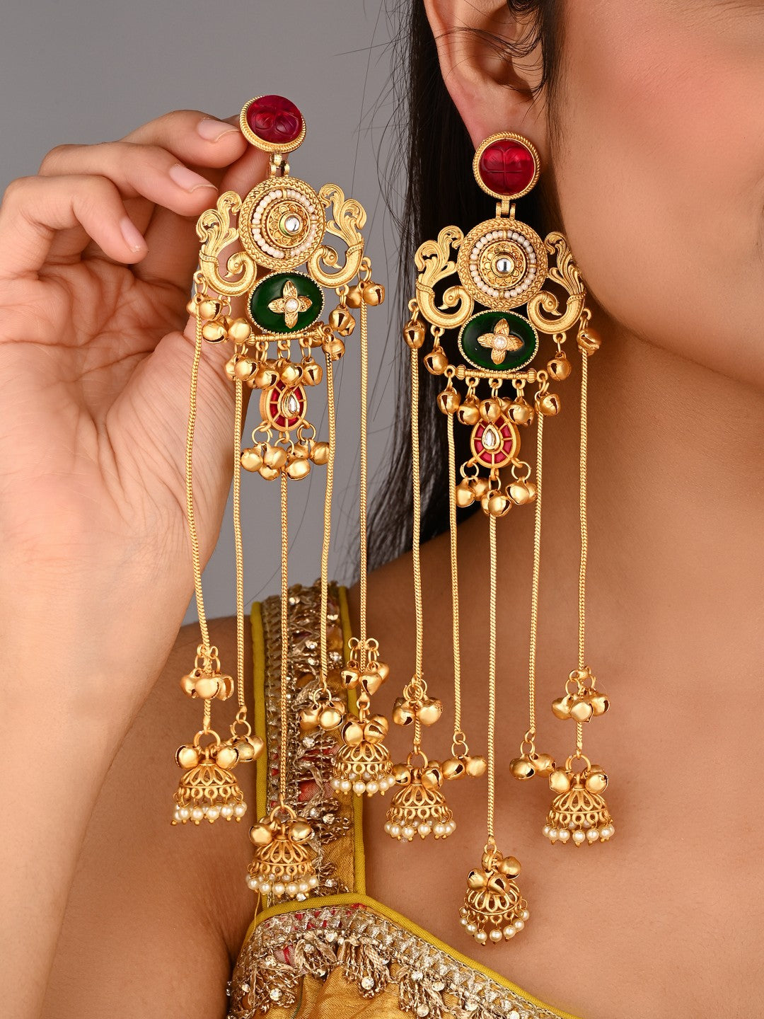 Ruby & Emerald Chandbali Chandelier Earrings