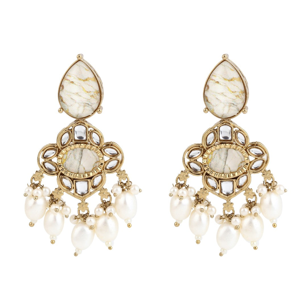 Gold-Plated White Kundan Chandelier Earrings with Bead Drops
