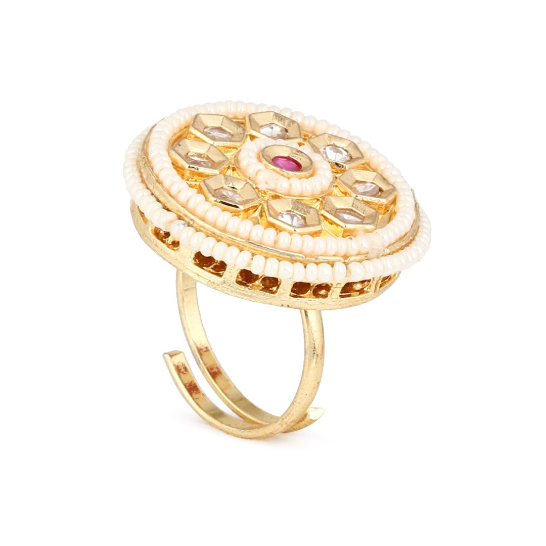Brass Kundan Floral Pearl-Edge Ring