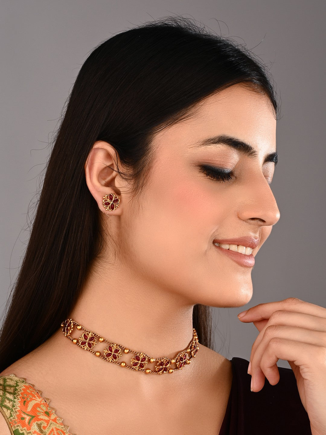 Gold plated floral Necklace set - Red