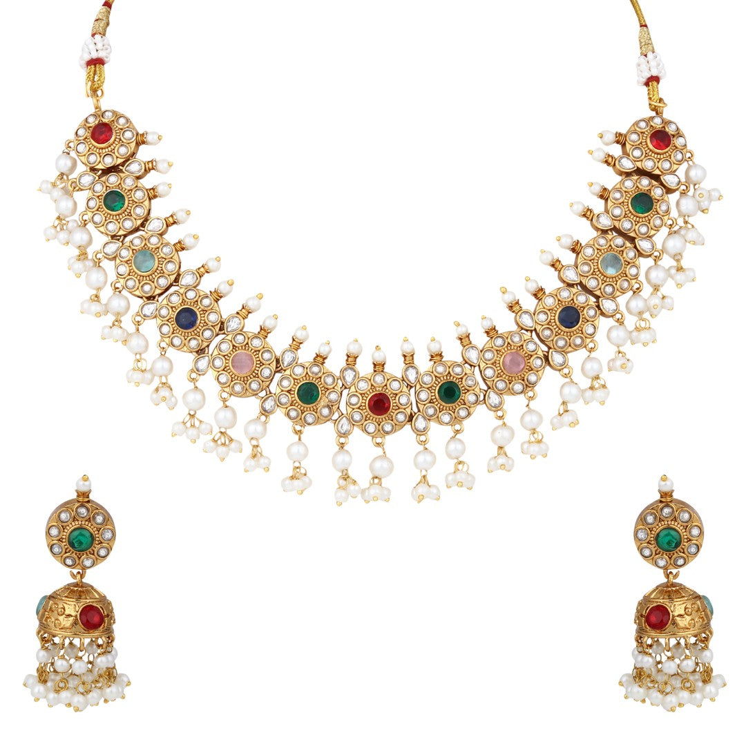 Gold-Plated Kemp Stone Necklace Set with Jhumka Earrings Multi
