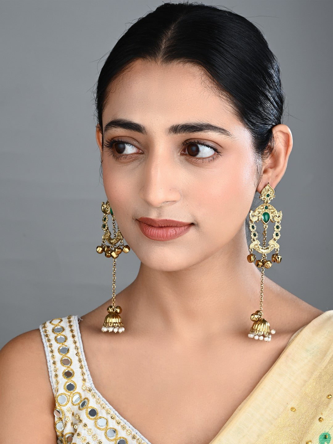 Green Kundan Chandbali Jhumka Drop Earrings