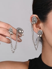 Oxidised Silver Ear cuff with Chains