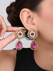 Gold plated Flower Stud with tear drop earring - Pink