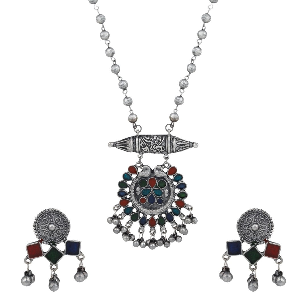 Silver Oxidised Finish Meenakari Jewellery Set for Navratri